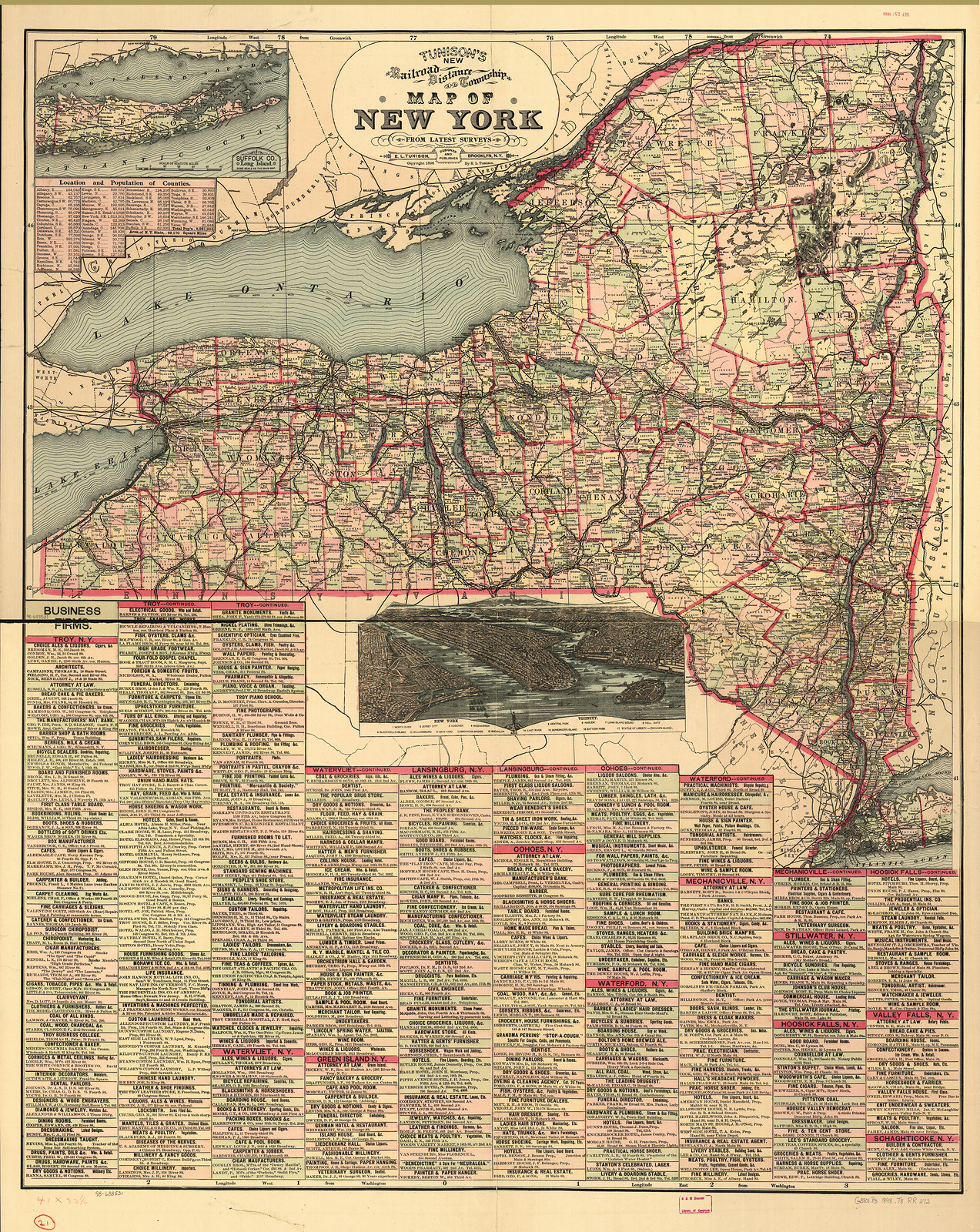 NY State Tunisons railroad, distance, and township map of New York from latest surveys, 1898 — antique map