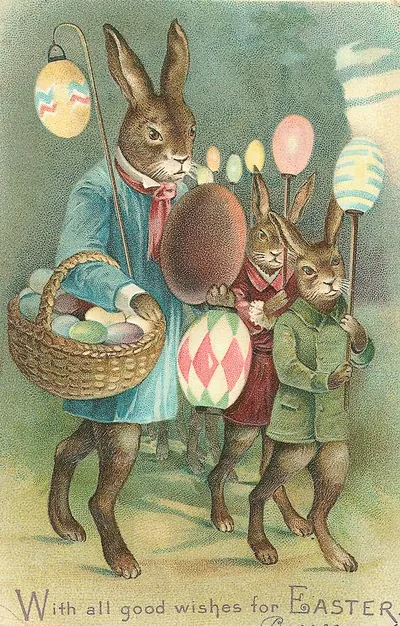 Vintage Easter postcard of dressed rabbits carrying eggs