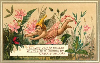 Victorian Christmas card with a winged fairy and greeting verse