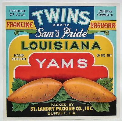 Twins Brand Louisiana Yams Crate Label, Sam's Pride