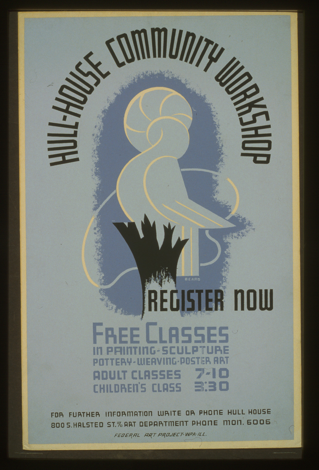 Hull-House community workshop Register now (S) Free classes in painting sculpture potte, 1938 — vintage poster