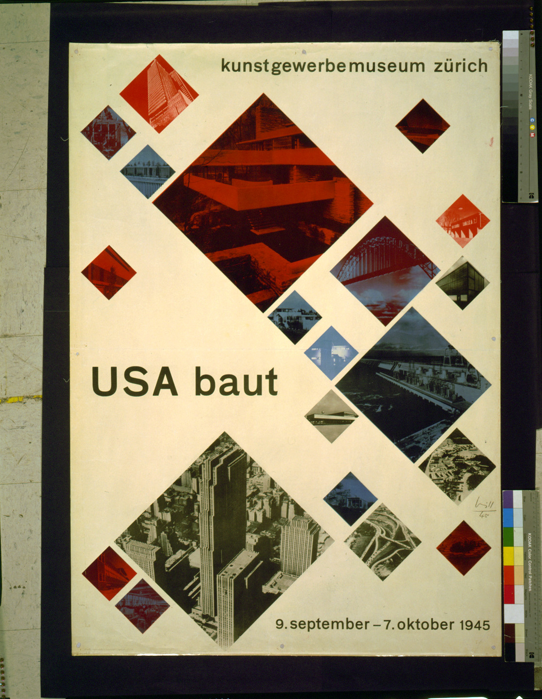 USA baut--Kunstgewerbemuseum Zürich, 9. September 7. Oktober 1945 / Bill '45., Zürich : Kunstgewerbemuseum, [19]45. — vintage poster