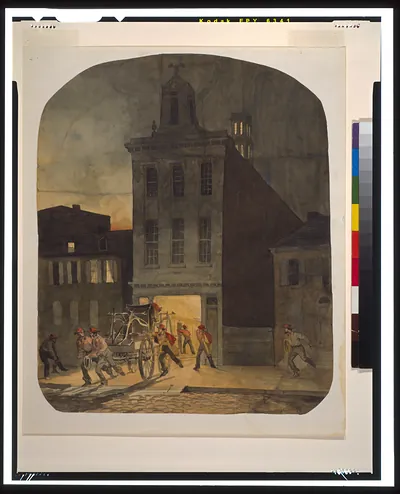 [Firehouse scene in Philadelphia showing firemen from the Weccacoe Engine Company pulling a hand-drawn fire engine as other firemen scramble to readiness]