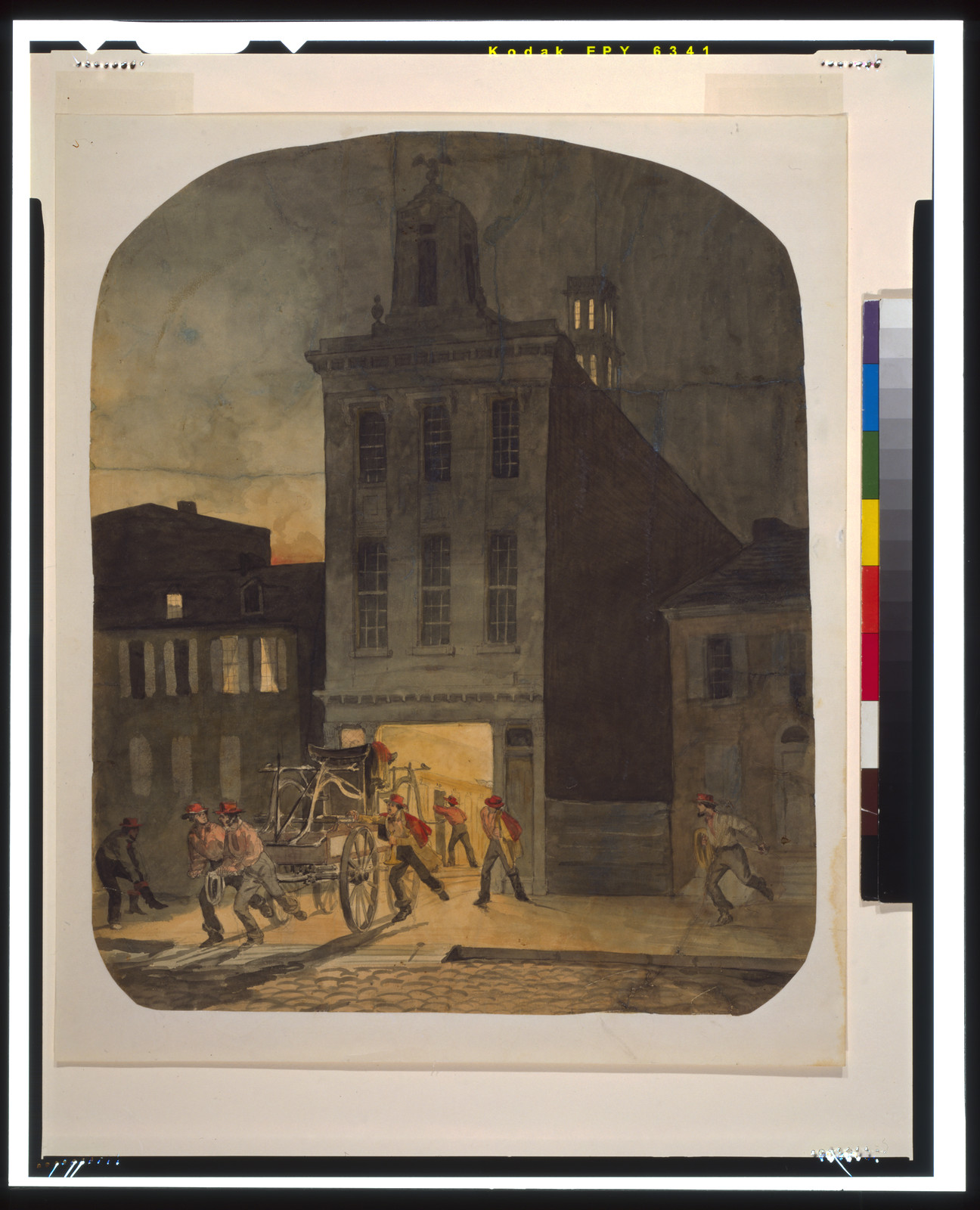 [Firehouse scene in Philadelphia showing firemen from the Weccacoe Engine Company pulling a hand-drawn fire engine as other firemen scramble to readiness], [ca. 1857] — historic drawing