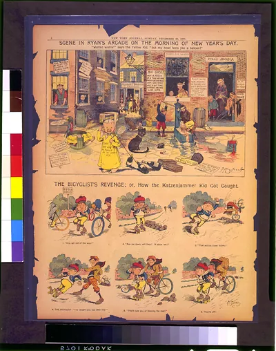 Scene in Ryan's Arcade on the morning of new year's day / R.F. Outcault. The bicyclist's revenge; or, How the Katzenjammer Kid got caught / R. Dirks.