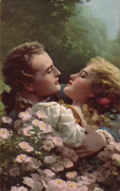 Romantic couple embracing among pink wild roses, painted postcard