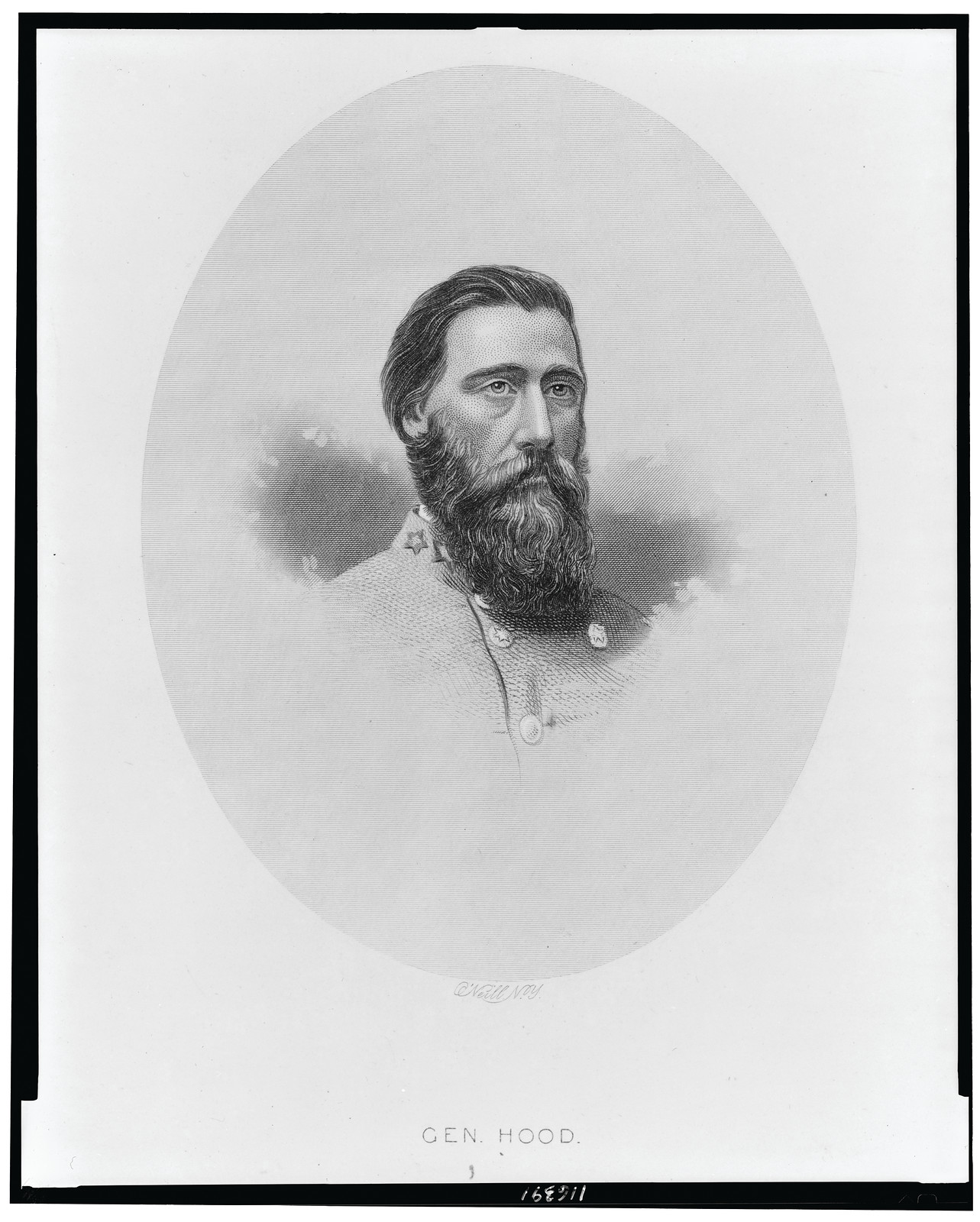 [Gen. John B. Hood, bust portrait in cameo, facing slightly right] / O'Neill, N.Y., [between 1860 and 1880] — antique engraving
