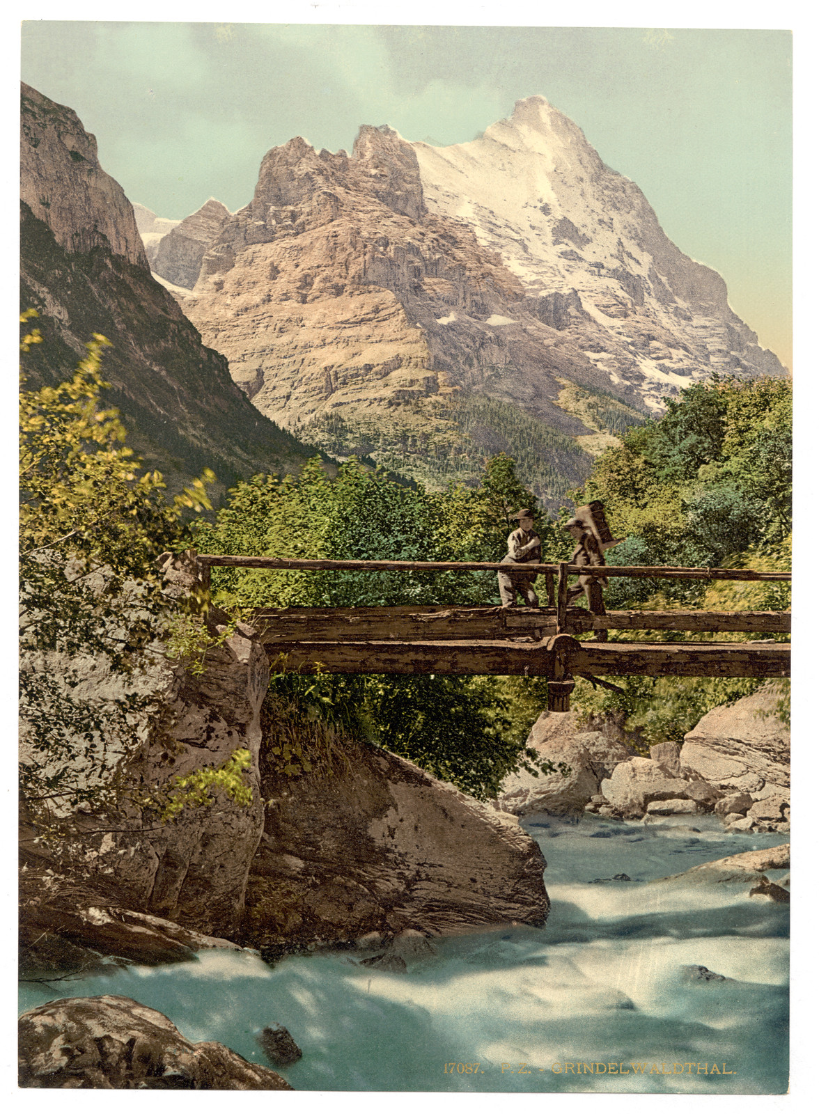 Grindelwald footbridge and mountain peaks Bernese Oberland Switzerland, [between ca. 1890 and ca. 1900]. — historic print