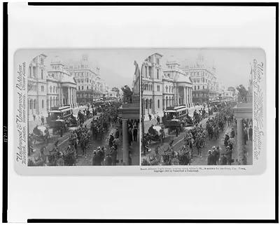 South African Light Horse, coming down Adderly St., to entrain for the front, Cape Town