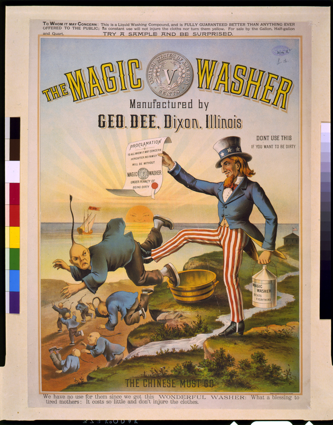 The magic washer, manufactured by Geo. Dee, Dixon, Illinois. The Chinese must go, Chicago : Shober & Carqueville Lith Co., c1886. — antique lithograph