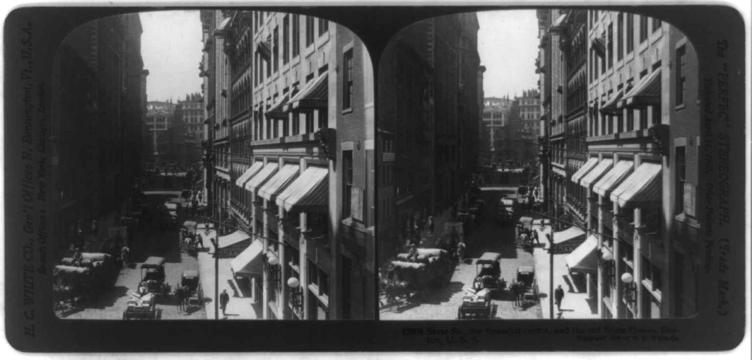 State St., the financial centre, and the old State House, Boston, North Bennington, Vt. : H.C. White Co., c1906. — historic photograph