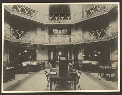 Library reading room with galleried balconies and long tables