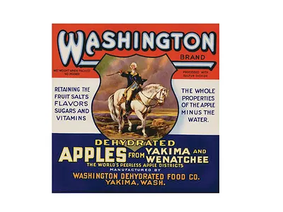 Washington Brand dehydrated apples crate label with George Washington on horseback