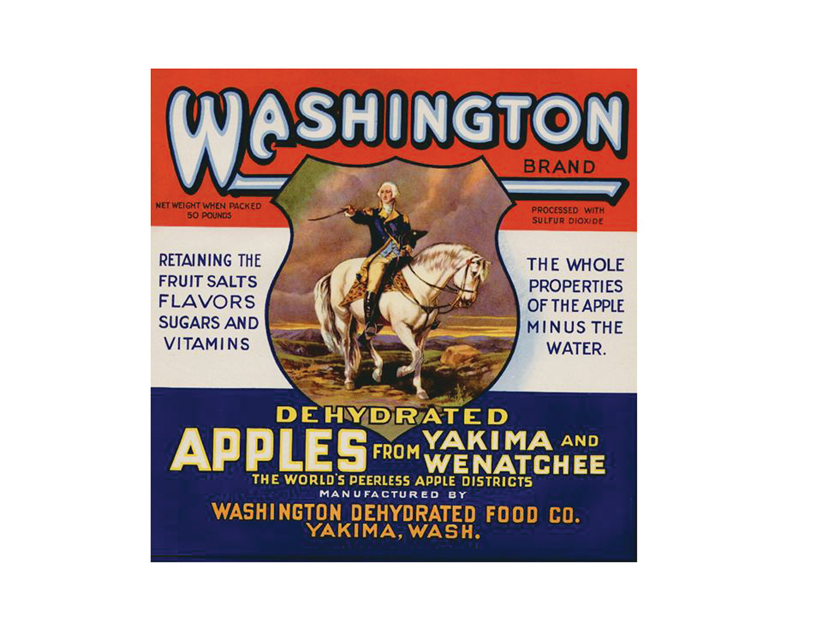 Washington Brand dehydrated apples crate label with George Washington on horseback — historic image