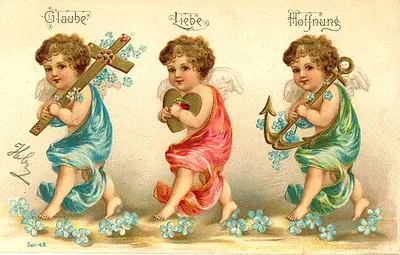 Three cherub angels with Glaube, Liebe, Hoffnung postcard