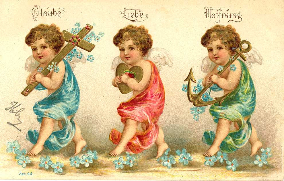 Three cherub angels with Glaube, Liebe, Hoffnung postcard — vintage postcard