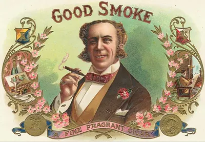 Good Smoke fine fragrant cigar label with gentleman