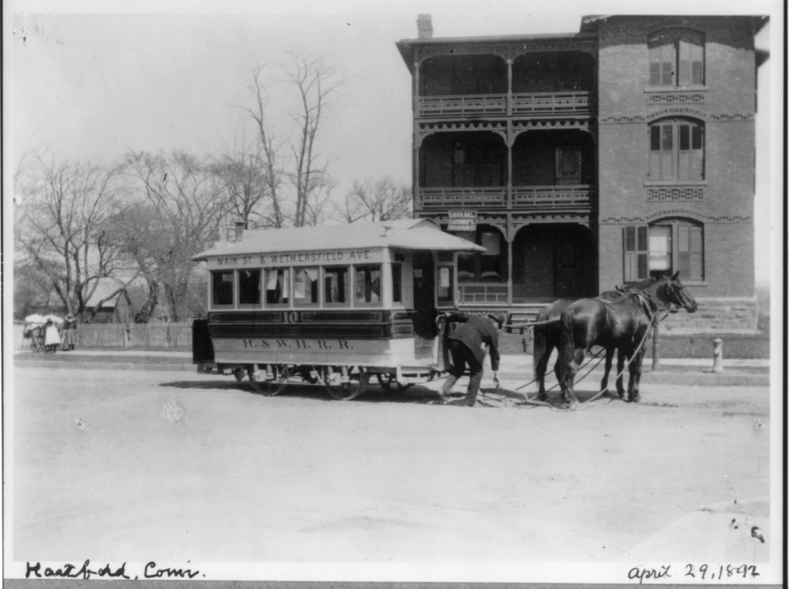 [Conn. - Hartford - horse-drawn street railways: H&WHRR car #10 at Lathrop's, Asylum St.] — historic photograph