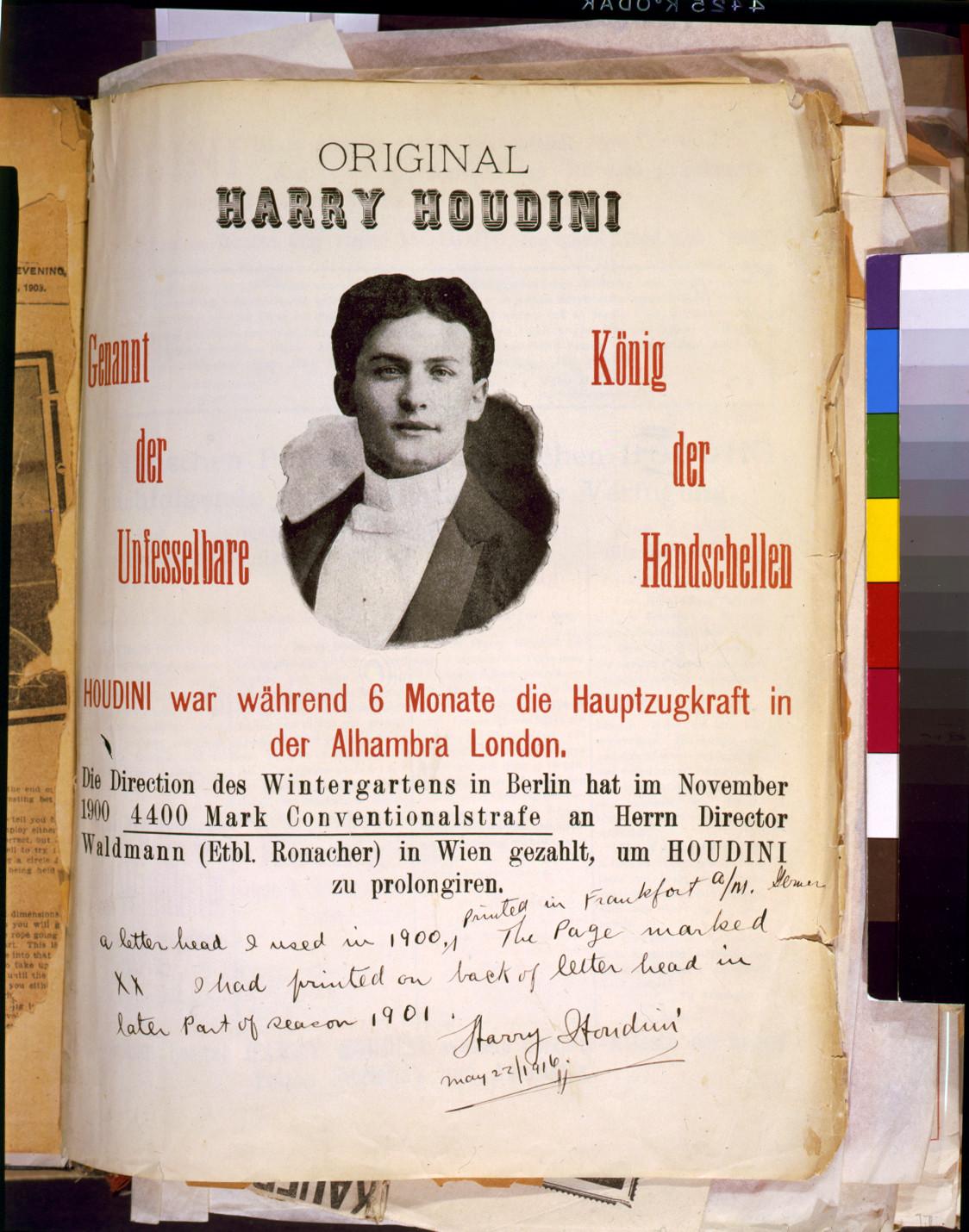 [Houdini letterhead, with head-and-shoulders portrait of Houdini], [1900 or 1901] — historic print