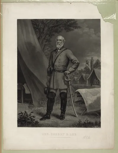 Gen. Robert E. Lee, engraved standing portrait with sword and tent