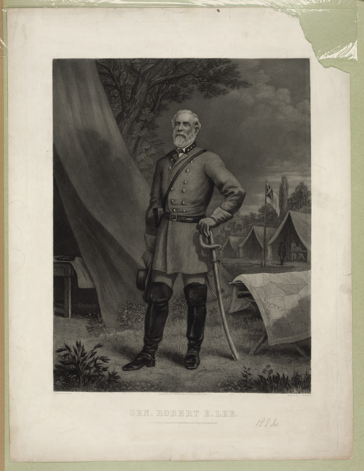 Gen. Robert E. Lee, engraved standing portrait with sword and tent — historic image