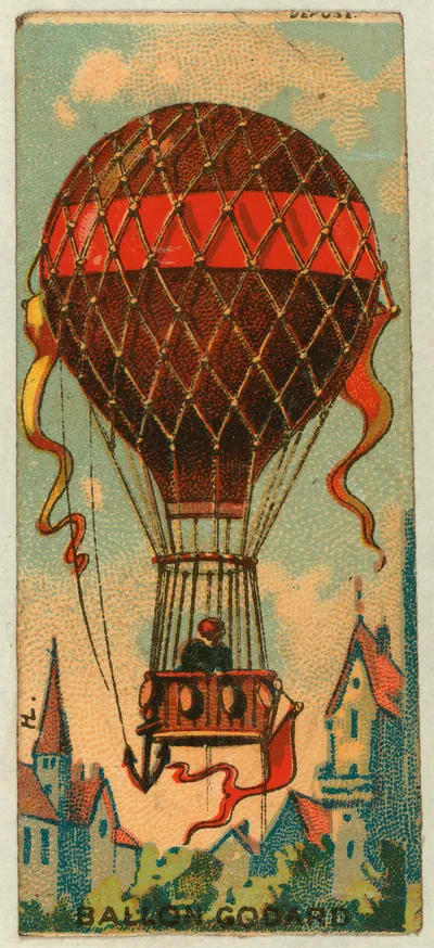 Balloon Godard, hot-air balloon over a town, trade card