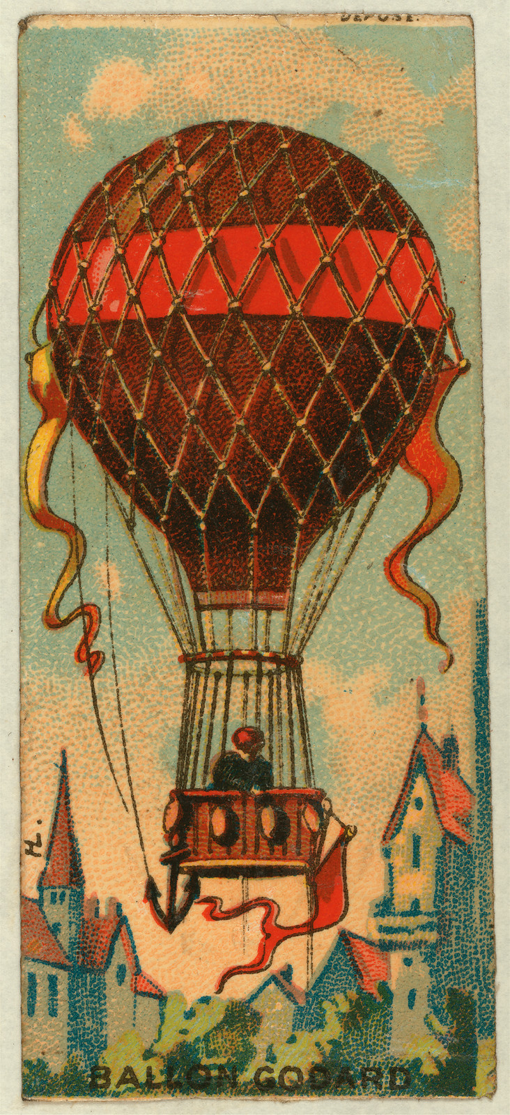 Balloon Godard, hot-air balloon over a town, trade card — historic image