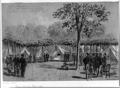 Chaplain Chapman of the 169th N.Y. performing divine service at Gen. W.F. Smith's Head Quarters in front of Petersburg, July 3rd