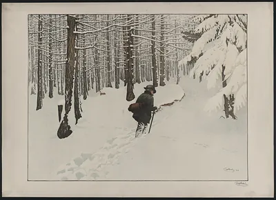 Man walking through a snowy pine forest