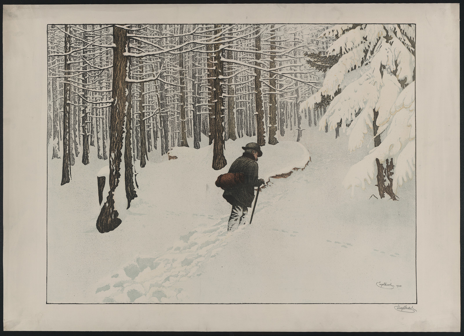 Man walking through a snowy pine forest — historic image
