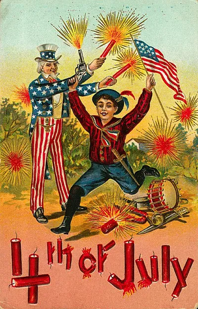 Fourth of July postcard with Uncle Sam and fireworks