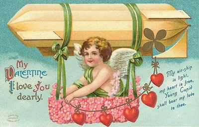 Cupid in a Flower Airship Valentine Postcard