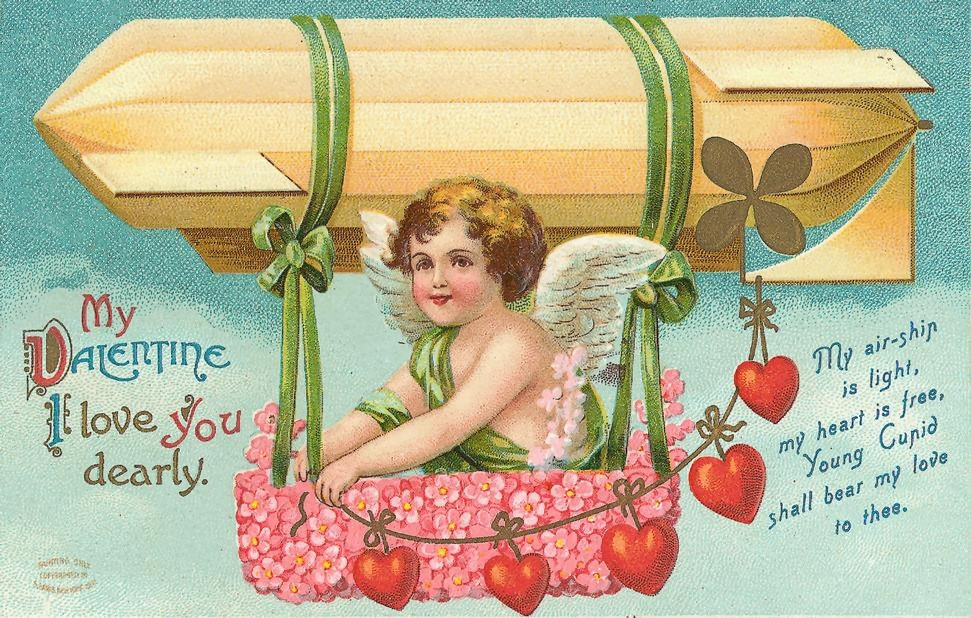 Cupid in a Flower Airship Valentine Postcard — vintage postcard
