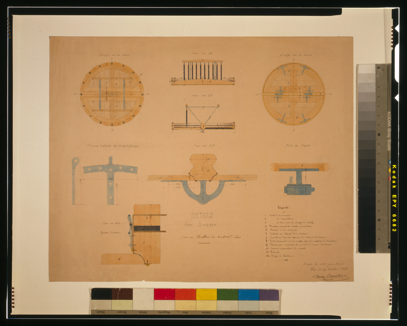 Details d'une soupape pour un ballon de 5 a 8,000 m. cubes / Charles Chavoutier, aèronaute, Paris, le 24 octobre 1868., [1868] — historic drawing