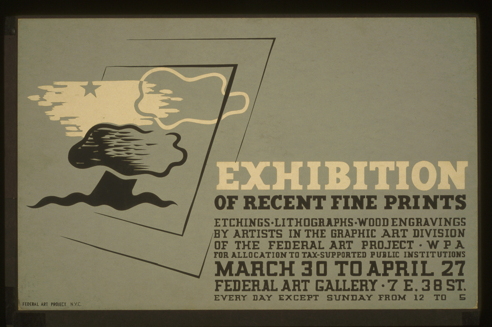 Exhibition of recent fine prints Etchings lithographs wood engravings by artists in t, 1936 — vintage poster