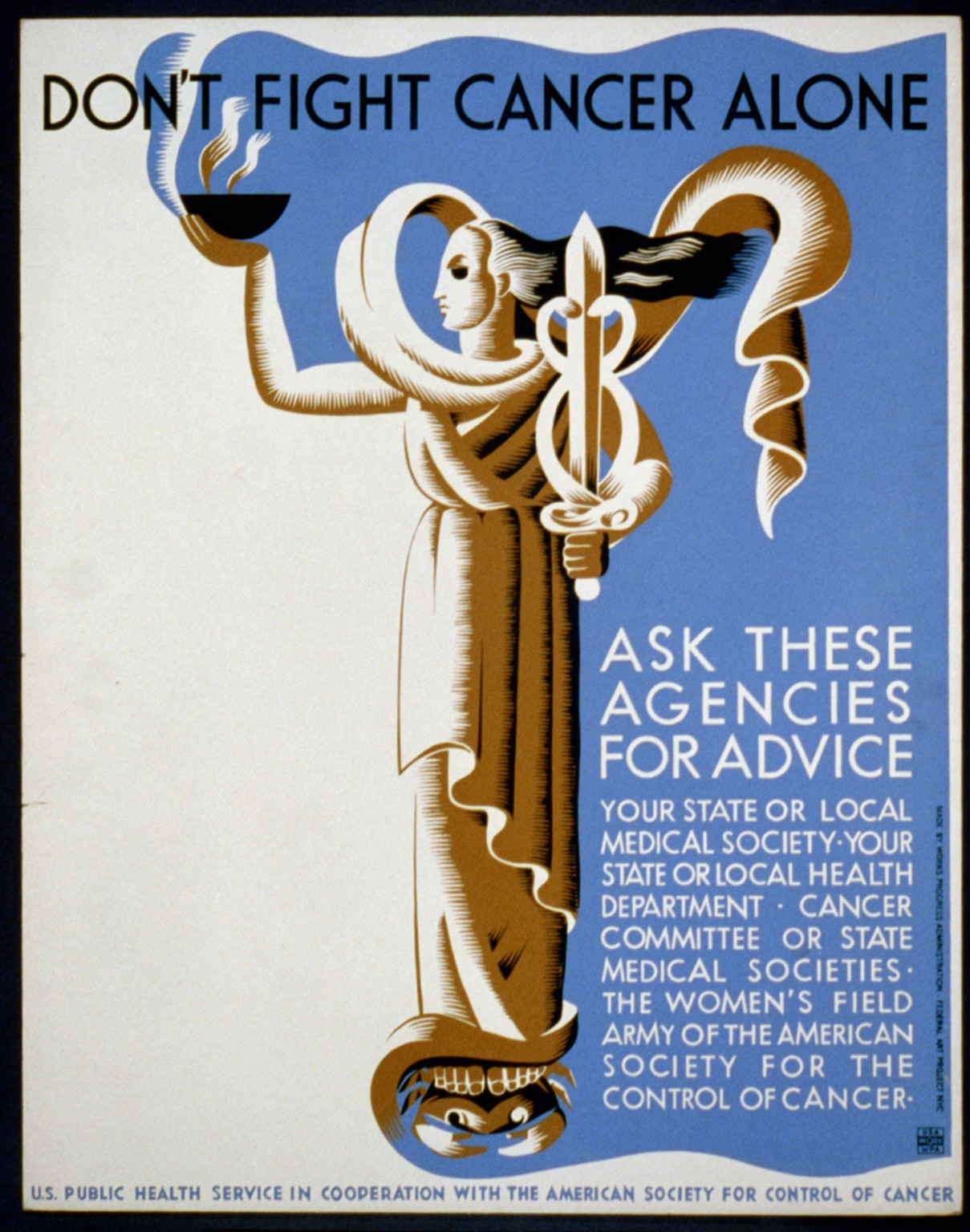 Dont fight cancer alone Ask these agencies for advice [....], 1936 — vintage poster