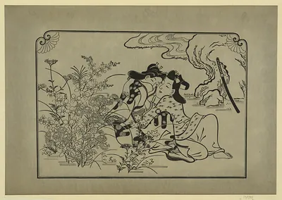 Two kimono-clad figures among chrysanthemums, with a sword