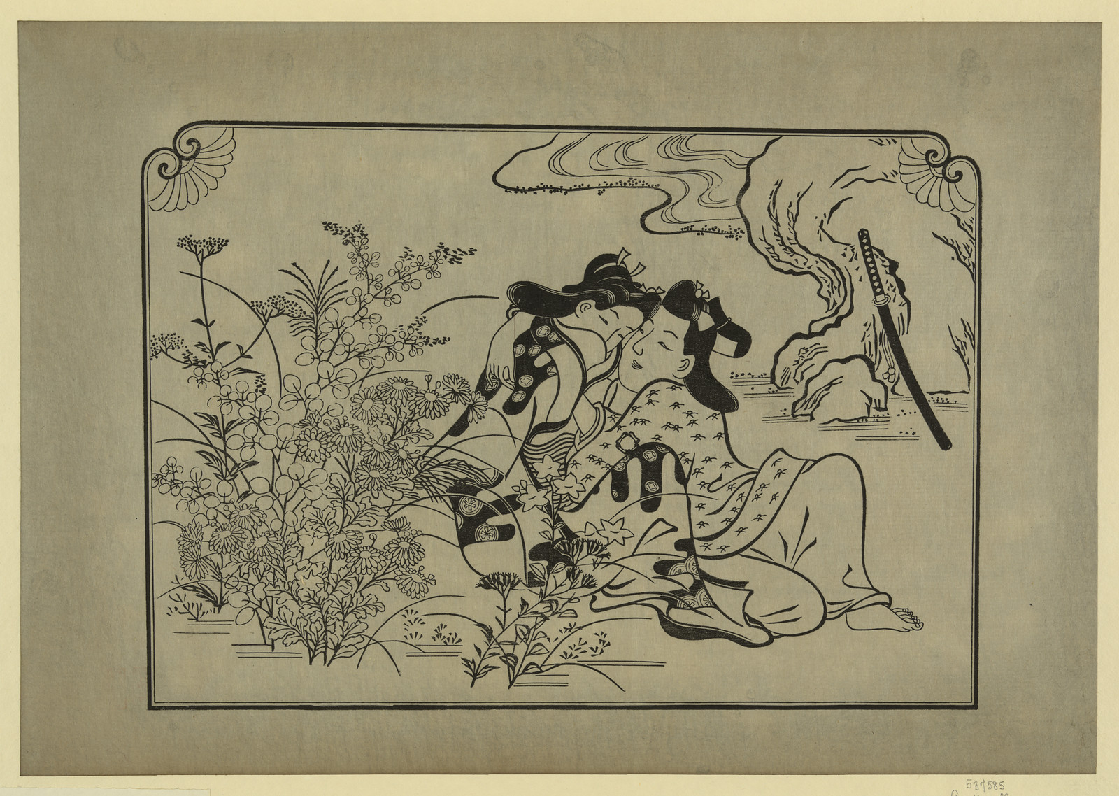 Two kimono-clad figures among chrysanthemums, with a sword — historic image