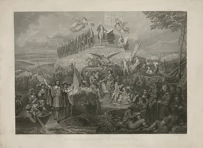 Engraved historical monument with Washington and early settlers