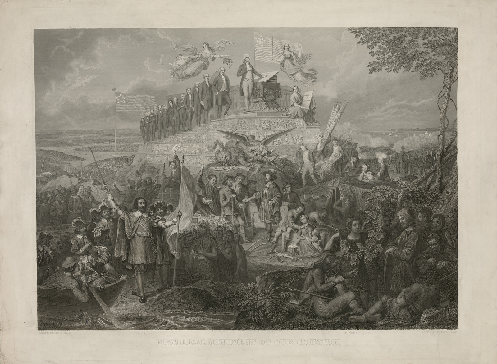 Engraved historical monument with Washington and early settlers — historic image