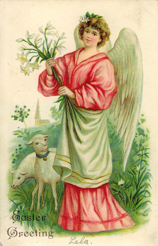 Easter Greeting postcard with angel, lilies and lamb — vintage postcard