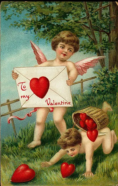 Cupids with envelope reading "To my Valentine" and hearts