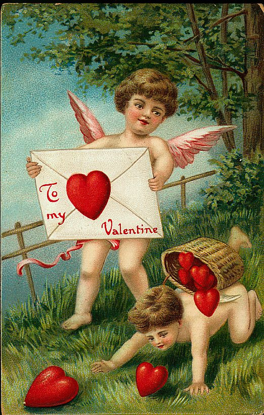 Cupids with envelope reading "To my Valentine" and hearts — historic image
