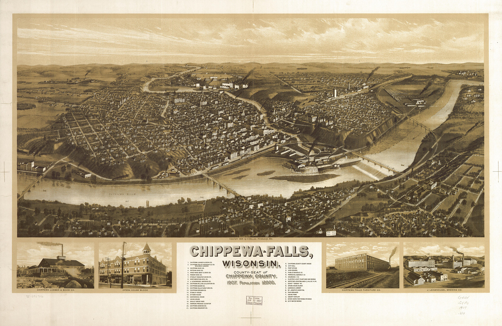 Chippewa Falls, Wisconsin, 1907, 1907 — antique map