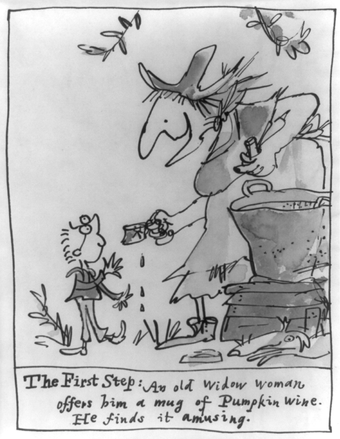 A rake's progress: The first step: an old widow woman offers him a mug of pumpkin wine. He finds it — historic drawing