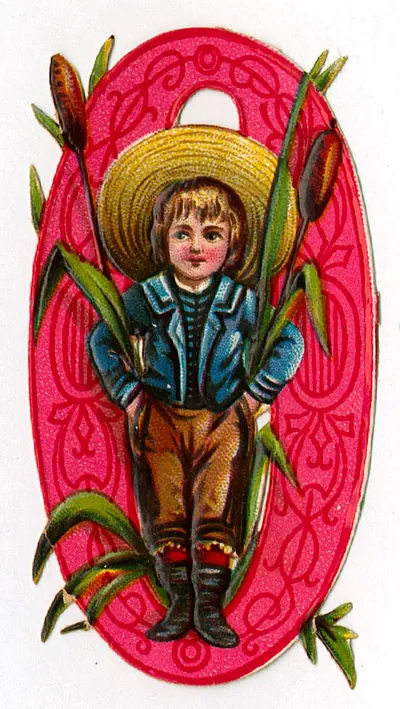 Victorian die-cut scrap of a boy with cattails