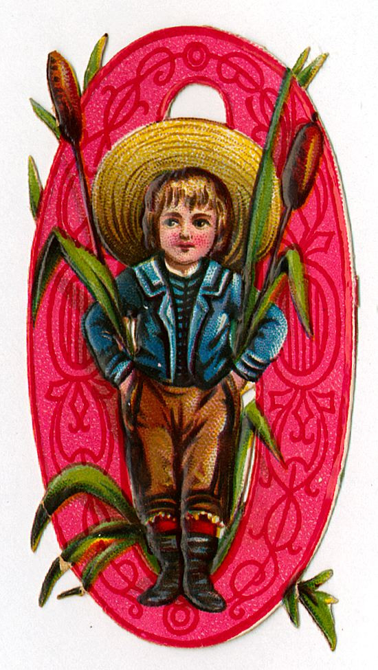 Victorian die-cut scrap of a boy with cattails — historic image