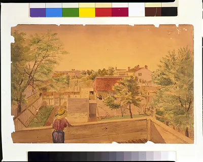 [View from the 2nd story of the residence of Mrs. Comre. John Rodgers, Franklin Row, K Street at 12 & 13 Sts, Washington, D.C., overlooking the backyard and adjacent neighborhood, and showing children standing on balconies]