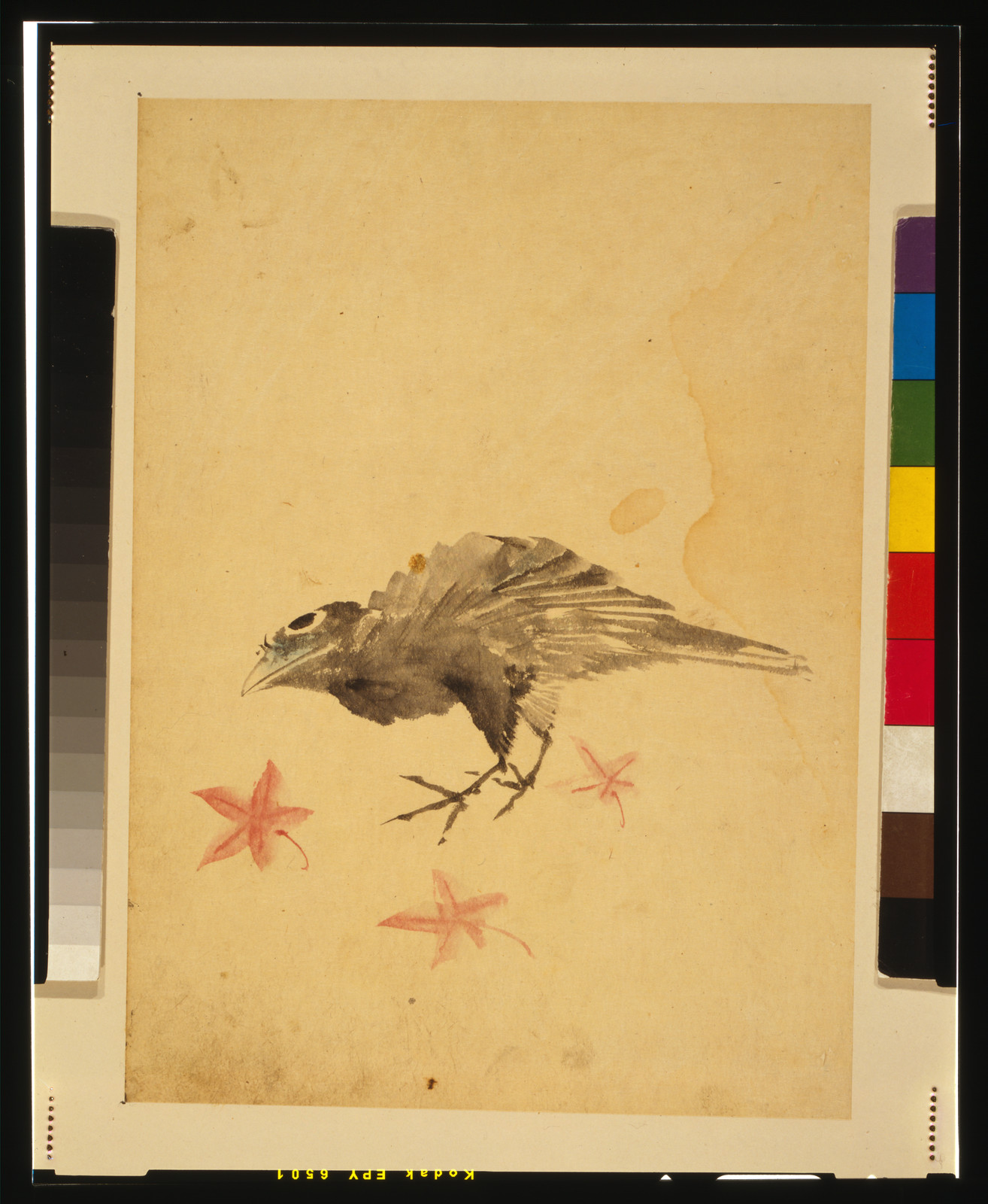 Ink painting of a bird with red maple leaves — antique map