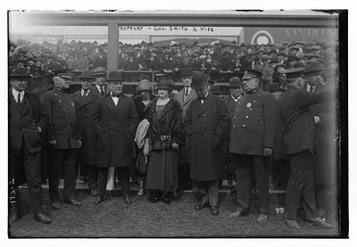 Ruppert, Al Smith & wife opening day Yankee Stad., 4/19/23